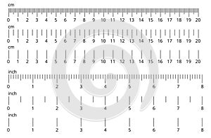 Centimeter Inch and metric rulers. Centimeters and inches measuring scale. Precision measurement of ruler tools. Vector isolated.