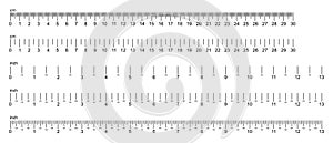 Centimeters and inches measuring scale cm metric indicator on a white background. Inch and metric rulers. Accuracy measurement