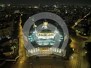 Central Academic Theatre of the Russian Army, Moscow, Russia. Night cityscape. Aerial view