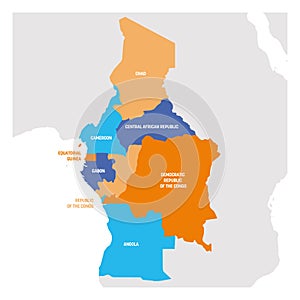 Central Africa Region. Map of countries in central Africa. Vector illustration