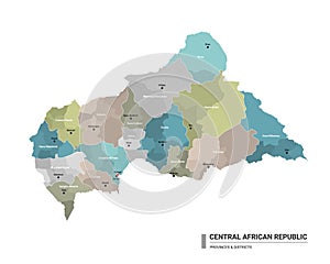 Central African Republic higt detailed map with subdivisions