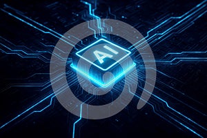 Central AI processor with radiating blue light on a dark circuit board artificial intelligence technology