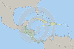 Central America and Caribbean islands map classic color, individual states, blank