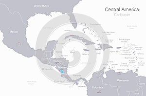 Central America and Caribbean islands map, states and capital city with names, white on background