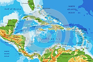 Central America and Caribbean Islands physical map