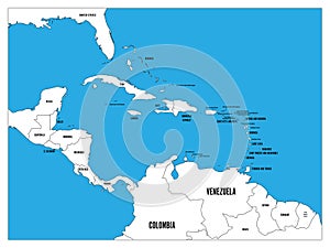 Central America and Carribean states political map. Black outline borders with black country names labels on blue