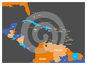 Central America and Carribean states political map with country names labels. Simple flat vector illustration