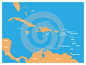 Central America and Carribean states political map. Yellow land with black country names labels on blue sea background