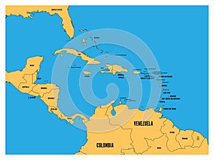 Central America and Carribean states political map. Yellow land with black country names labels on blue sea background