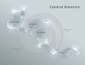 Central America map with capitals of states, design glass card 3D