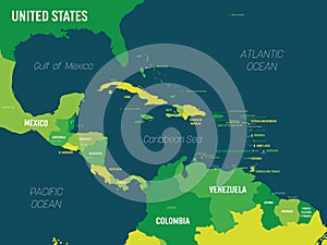 Central America map - green hue colored on dark background. High detailed political map Central American and Caribbean