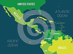 Central America map - green hue colored on dark background. High detailed political map Central American and Caribbean