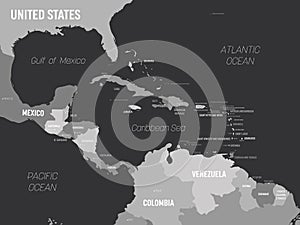 Central America map - grey colored on dark background. High detailed political map Central American and Caribbean region