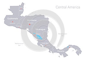 Central America map, individual states and capital city with names