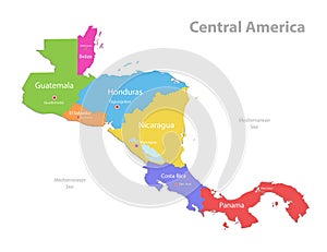 Central America map, separate individual states with state names, color map isolated on white background