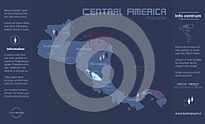 Central America map, separate regions with names, infographics blue flat design