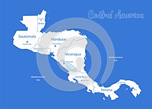 Central America map, separate states whit names, blue background