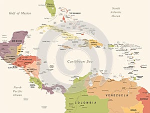 Central America Map - Vintage Vector Illustration