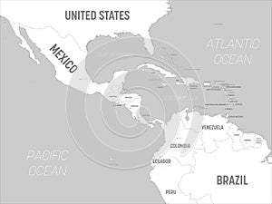 Central America map - white lands and grey water. High detailed political map Central American and Caribbean region with