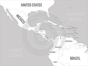 Central America map - white lands and grey water. High detailed political map Central American and Caribbean region with photo