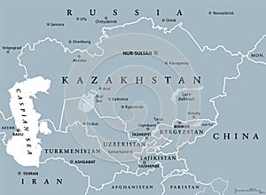Central Asia, a subregion of Asia, gray political map