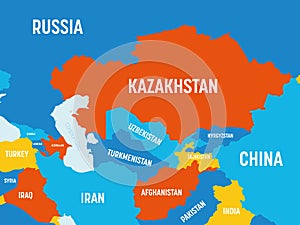Central Asia map - 4 bright color scheme. High detailed political map of central asian region with country, ocean and
