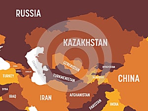 Central Asia map - brown orange hue colored on dark background. High detailed political map of central asian region with