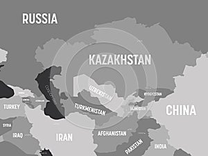 Central Asia map - grey colored on dark background. High detailed political map of central asian region with country