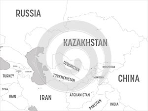 Central Asia map - white lands and grey water. High detailed political map of central asian region with country, capital