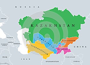 Central Asia, the Middle Asia countries, colored political map