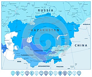 Central Asia Political Map In Colors Of Blue and map pointers