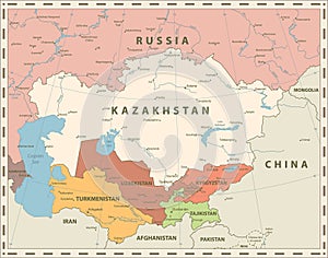 Central Asia Political Map Retro Colors