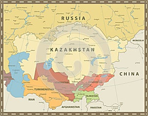 Central Asia Political Map Vintage Color