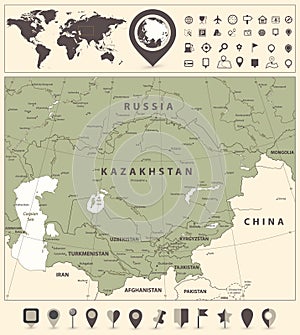 Central Asia Political Map and World Map with navigation icons