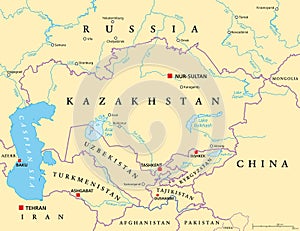 Central Asia, Subregion of Asia, political map with capitals