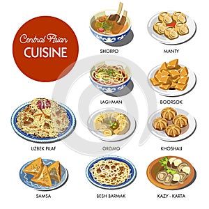 Central Asian food cuisine traditional dishes vector