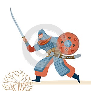 Central Asian Strong warrior character cartoon, flat style vector illustration isolated on white background.