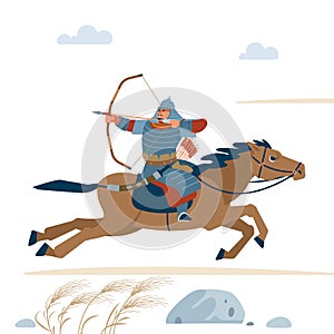 Central Asian Warrior with bow, Riding horse, isolated vector flat illustration.