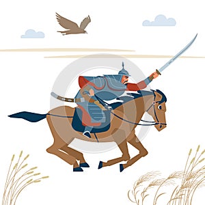 Central Asian warrior horseman, attack in battle. Isolated vector illustration in flat cartoon style