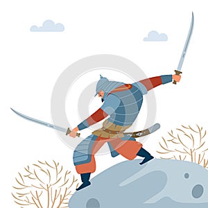 Central Asian Warrior. Nomad warrior with two swords on stone, attacks in battle. Medieval battle illustration