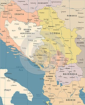 Central Balkan Map - Vintage Vector Illustration