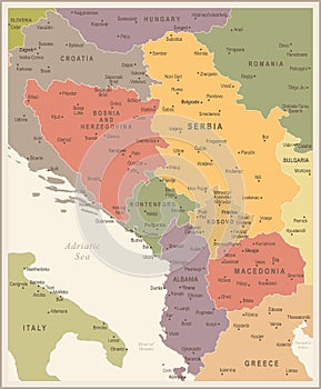 Central Balkan Map - Vintage Vector Illustration