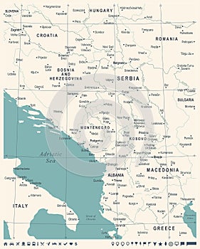 Central Balkan Map - Vintage Vector Illustration