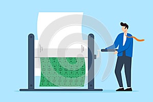 Central bank executive operating money printer for banknotes in flat design