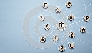 Central bank icon linkage connection with currency symbol include Dollar Euro Yuan Yen Pound sterling Ruble Rupee for currency