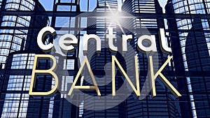 Central bank typographical concept - office buildings and sun reflection. 3D 4k animation