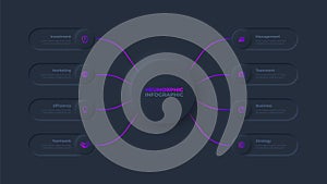 Central circle with rounded elements on the both sides. Dark neumorphic flowchart infographic with 8 options