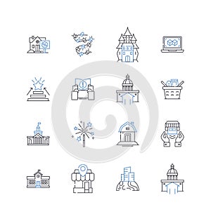 Central city package delivery line icons collection. Fast, Reliable, Efficient, Secure, Timely, Expedited, Punctual