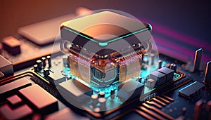 Central computer processors CPU on motherboard, technology background, chip on board, digital computer science with Generative Ai