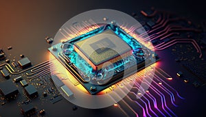 Central computer processors CPU on motherboard, technology background, chip on board, digital computer science with Generative Ai